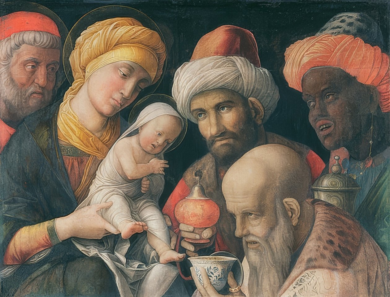 Klanění tří králů. Kolem 1495-1505 od Andrea Mantegna