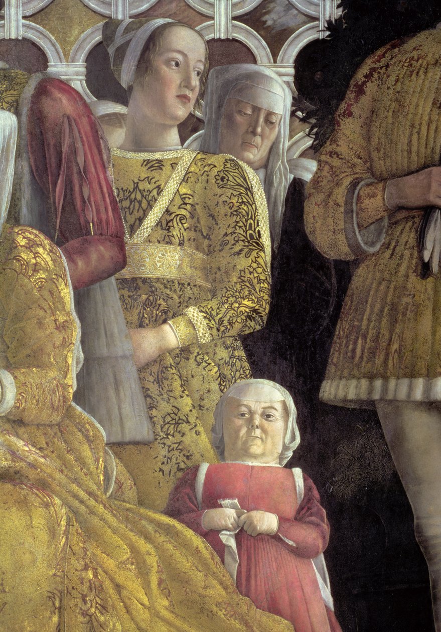 Trpaslík a další dvořané ze skupinového portrétu rodiny a dvora Marchese Ludovica Gonzagy III z Mantovy, z Camera degli Sposi nebo Camera Picta, 1465-74 detail fresky z 78449 od Andrea Mantegna