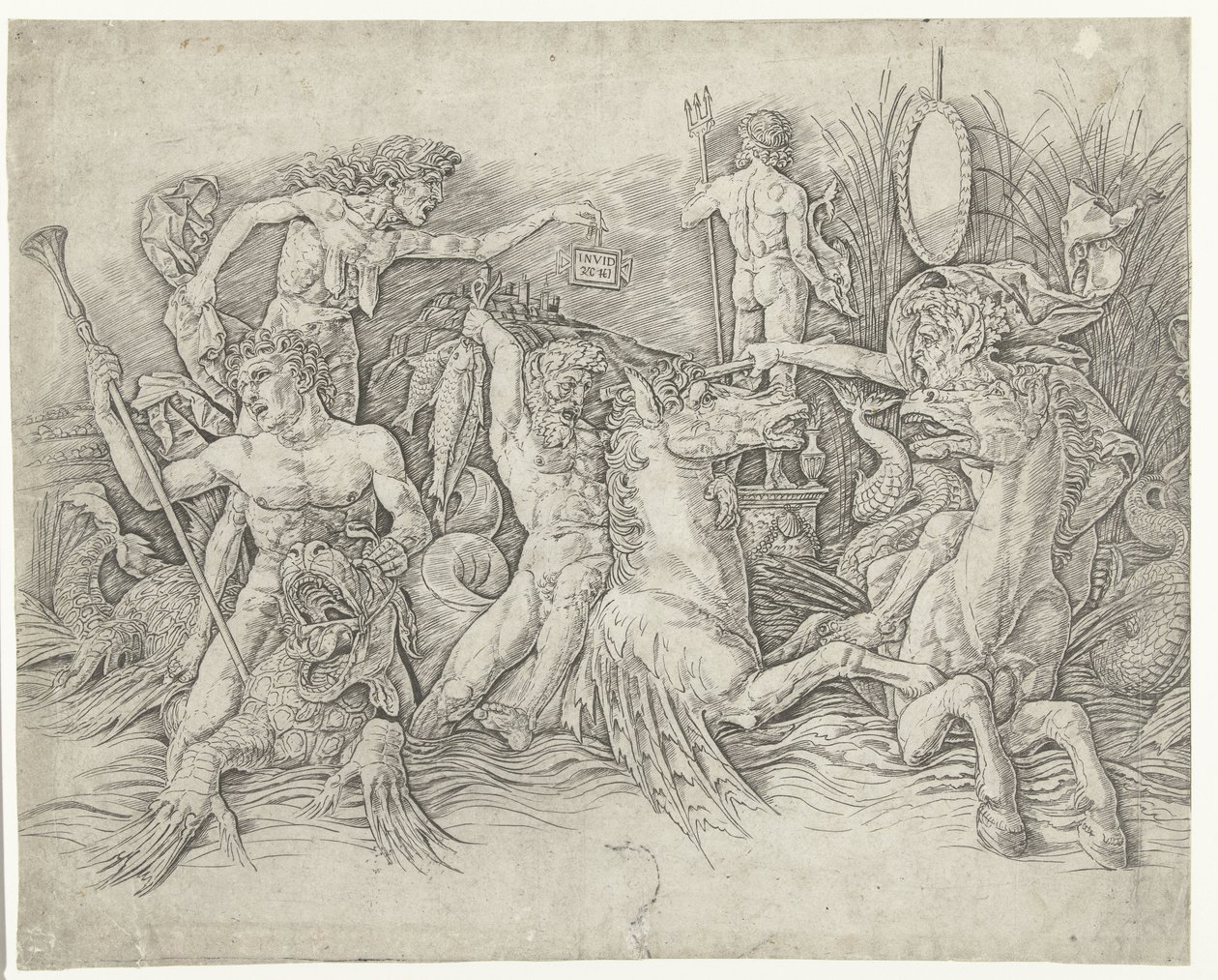 Bitva mezi satyry na hippocampu a stařenou jako zosobněním závisti stojící na dračím hřbetě Bitva mořských bohů od Andrea Mantegna