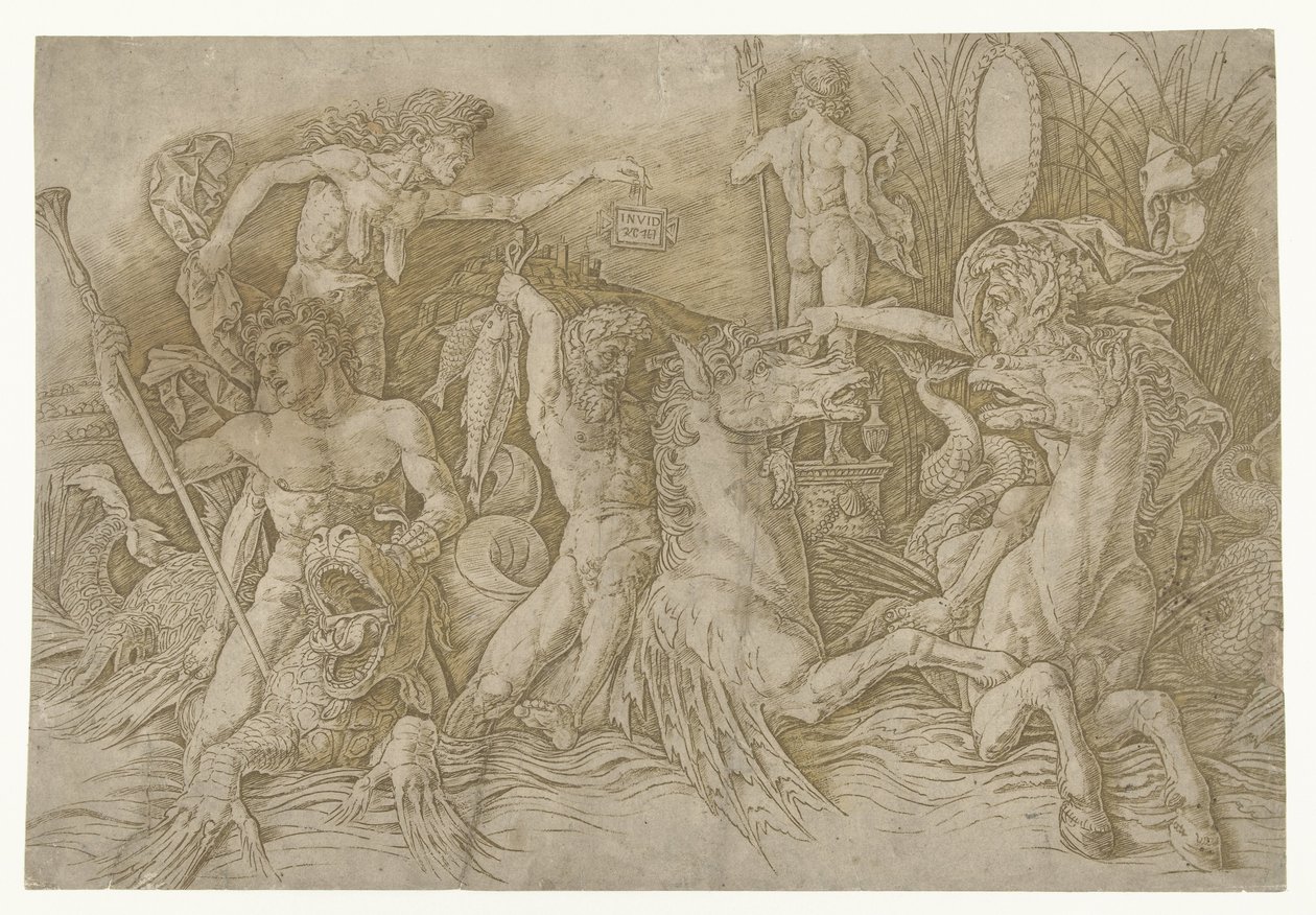 Bitva mezi satyry na hipokampech a stařenou jako zosobněním závisti stojící na hřbetě draka Bitva mořských bohů od Andrea Mantegna
