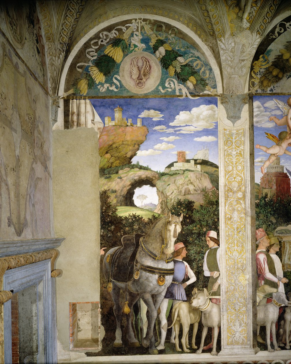 Kůň a ošetřovatel s loveckými psy, z Camera degli Sposi nebo Camera Picta, 1465-74 (detail 78449) od Andrea Mantegna