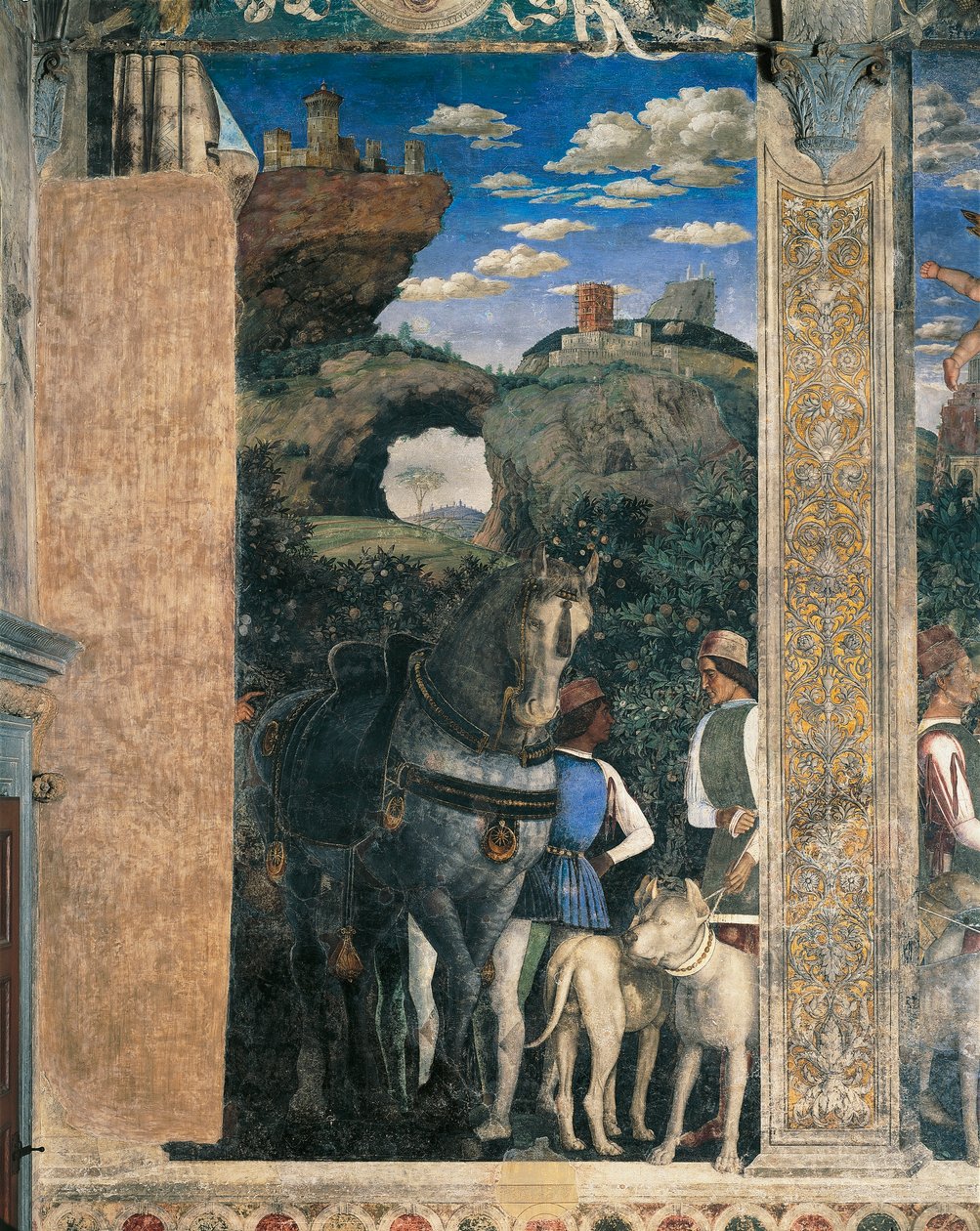 Kůň, mastifové a podkoní hraběte Ludovica Gonzagy, detail z Meeting Wall, od Andrea Mantegny (1431-1606), freska, hrad San Giorgio, Svatební komnata nebo Camera Picta, Mantua, 1465-1474 od Andrea Mantegna