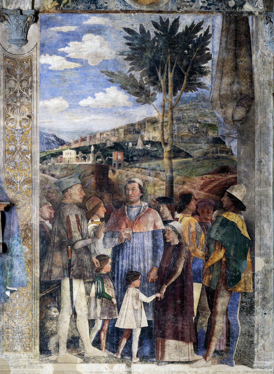 L. Gonzaga, jeho synové kardinál Francesco Gonzaga, Federico I. Gonzaga, Francesco, Sigismondo, vpravo, císař Svaté říše římské Fridrich III., Kristián I. Dánský, Setkávací stěna, detail (freska) od Andrea Mantegna