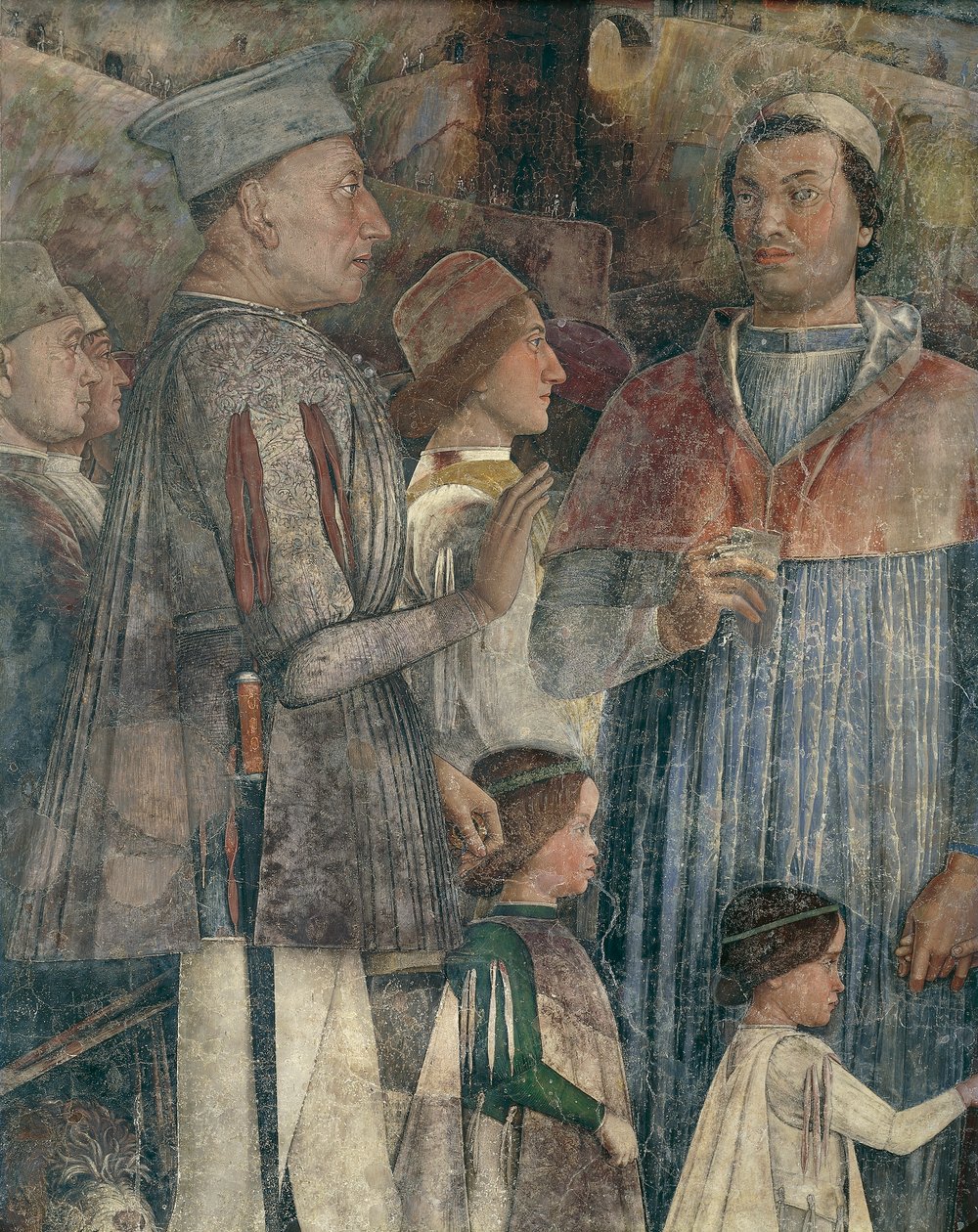 Ludvík II., kardinál Francesco, Francesco II. a Sigismondo Gonzaga, detail ze Zdi setkání od Andrea Mantegna