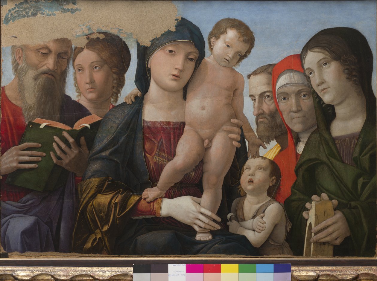 Madona s dítětem, svatý Jan, svatá Kateřina Alexandrijská a další svatí, 1480-88 od Andrea Mantegna