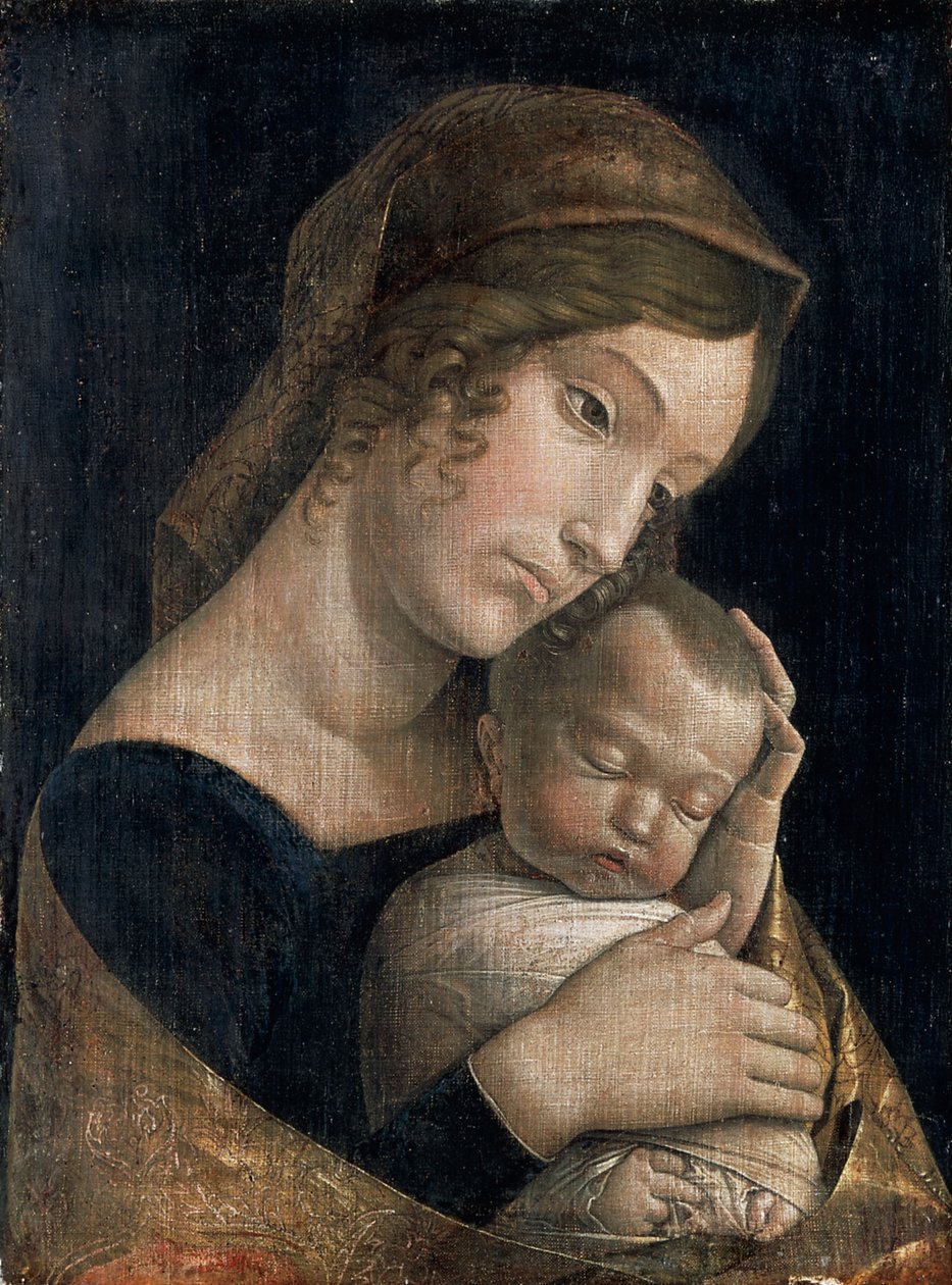Madonna a spící dítě od Andrea Mantegna (1431-1506), lepená tempera na plátně, 43x32 cm od Andrea Mantegna