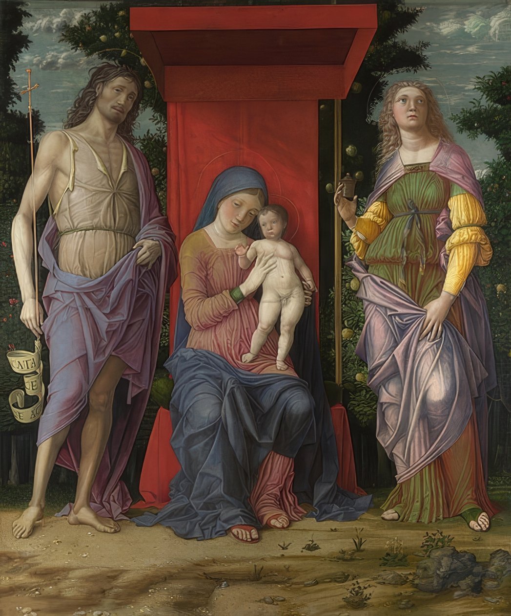Madona s dítětem, Jan Křtitel a Máří Magdalena. Pravděpodobně 1490-1505 od Andrea Mantegna