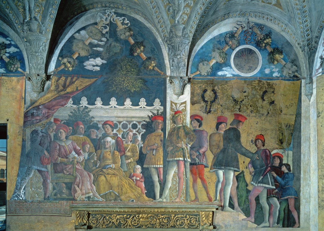 Marchese Ludovico Gonzaga III, jeho manželka Barbara Braniborská, jejich děti, dvořané a jejich pes Rubino, z Camera degli Sposi neboli Camera Picta, 1465-74 od Andrea Mantegna
