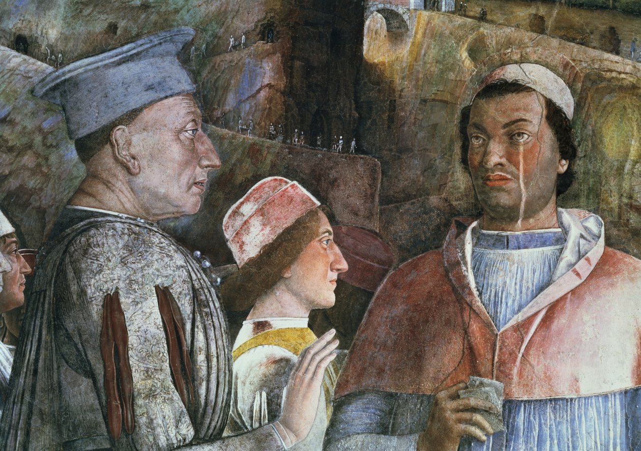 Markýz Ludovico Gonzaga III z Mantovy vládl v letech 1444–78 pozdravil svého syna kardinála Francesca Gonzagu z Camera degli Sposi nebo Camera Picta, 1465–74 detail fresky z 78449 od Andrea Mantegna
