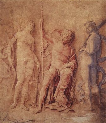 Mars, Diana a Iris (?) 1446-1506 (pero a hnědý inkoust, s hnědým, červeným a modrým praním, zvýrazněno bílou, na papíře odbarveno hnědě) od Andrea Mantegna