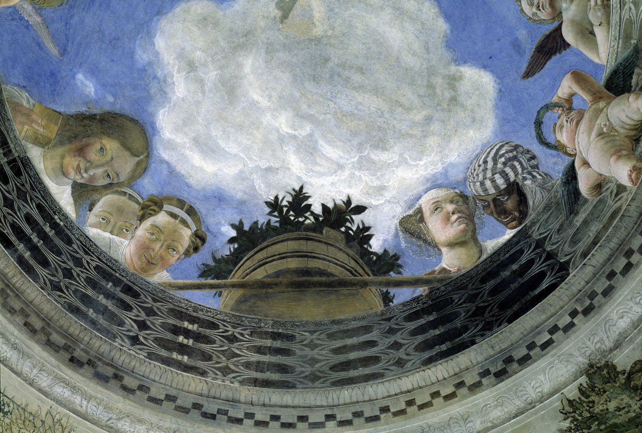 Occulus stropu domu manželů, vévodský palác v Mantově, Itálie (Camera degli Sposi, Palazzo Ducale, Mantova): detail alegorických postav a putti. Freska Andrea Mantegna (1431-1506) od Andrea Mantegna