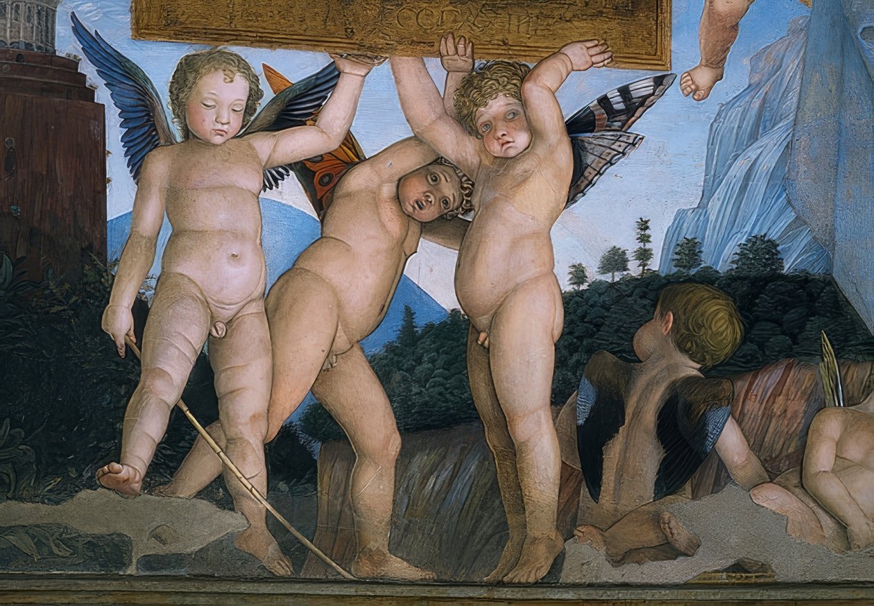 Putti s motýlími křídly držící plaketu s věnováním (detail). 1465-74 od Andrea Mantegna