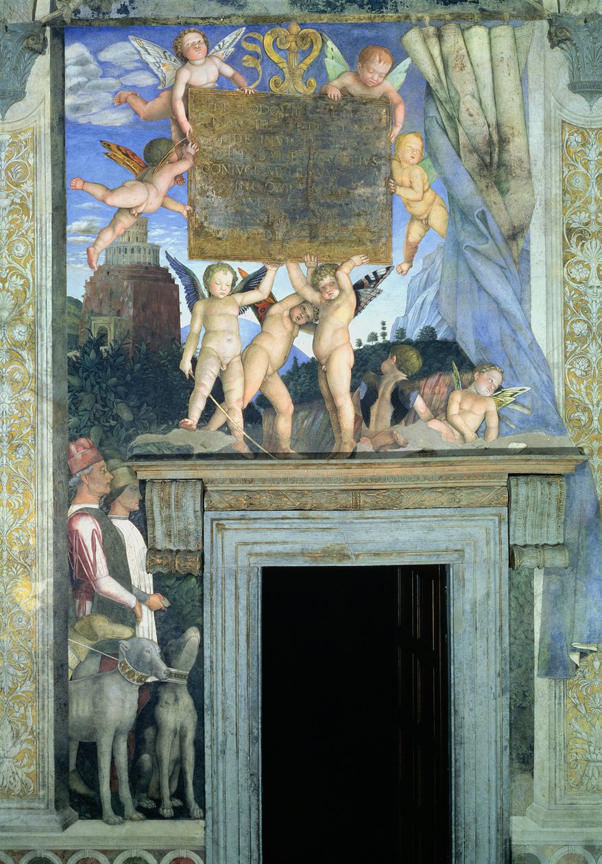 Putti s motýlími křídly podpírajícími zasvěcovací plaketu s loveckými psy a jejich psovody níže, z Camera degli Sposi nebo Camera Picta, 1465-74 detail fresky z 78449 od Andrea Mantegna