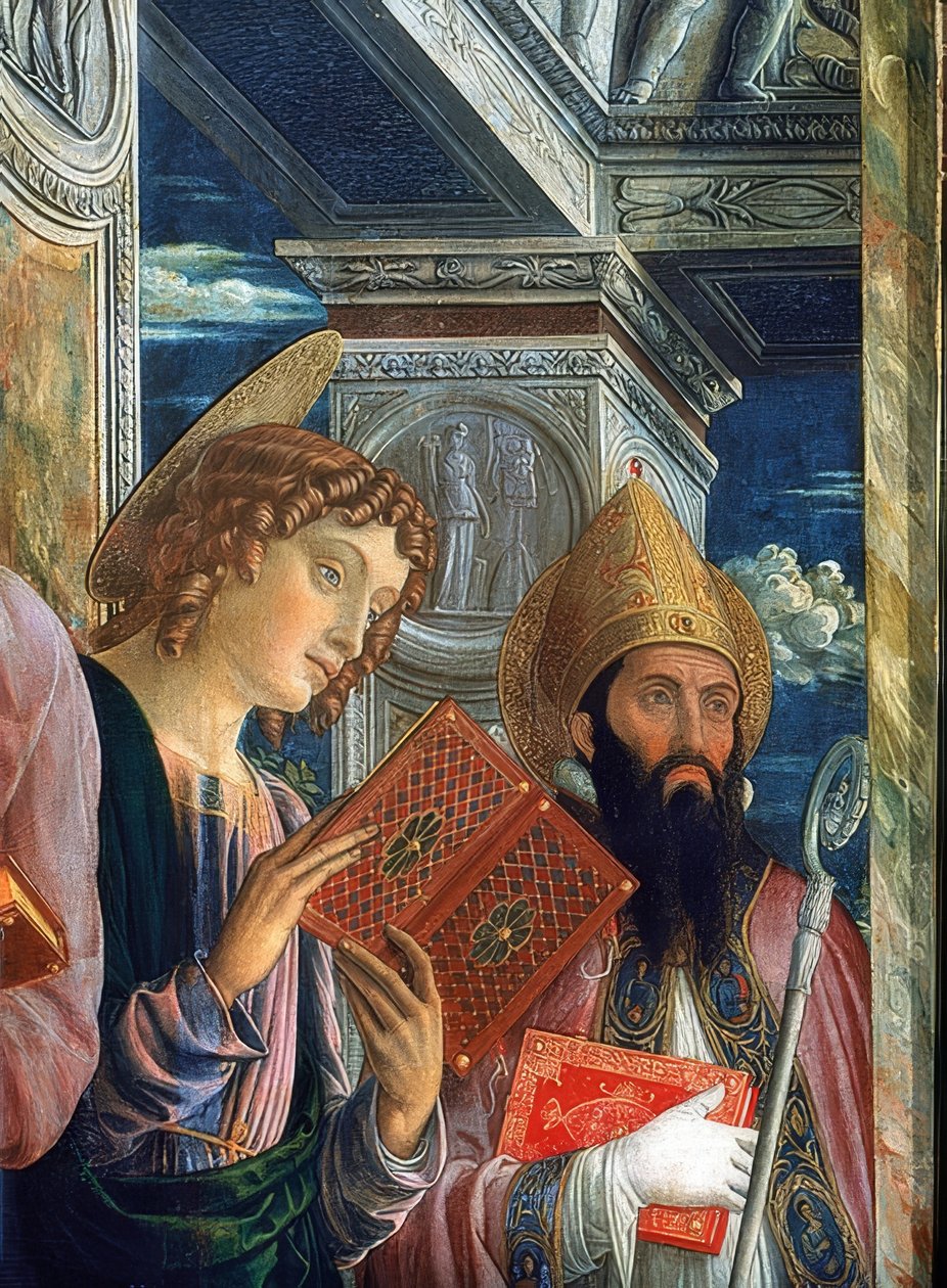 Oltář San Zeno. Detail levé strany. 1457-1460. Na snímku jsou Jan Evangelista a Zenon z Verony od Andrea Mantegna