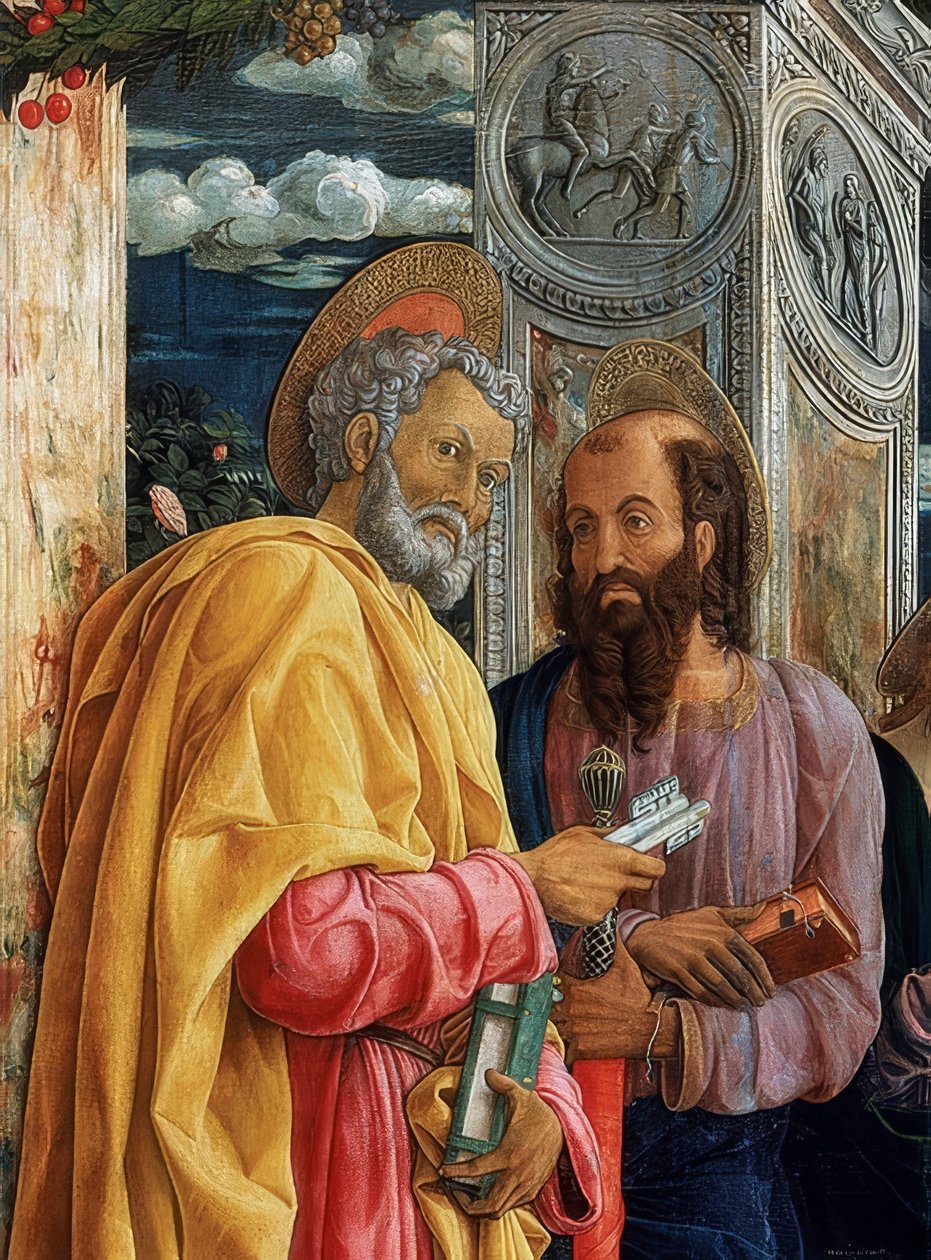 Oltář San Zeno. Detail levé strany. 1457-1460. Na snímku Šimon Petr a Pavel z Tarsu od Andrea Mantegna