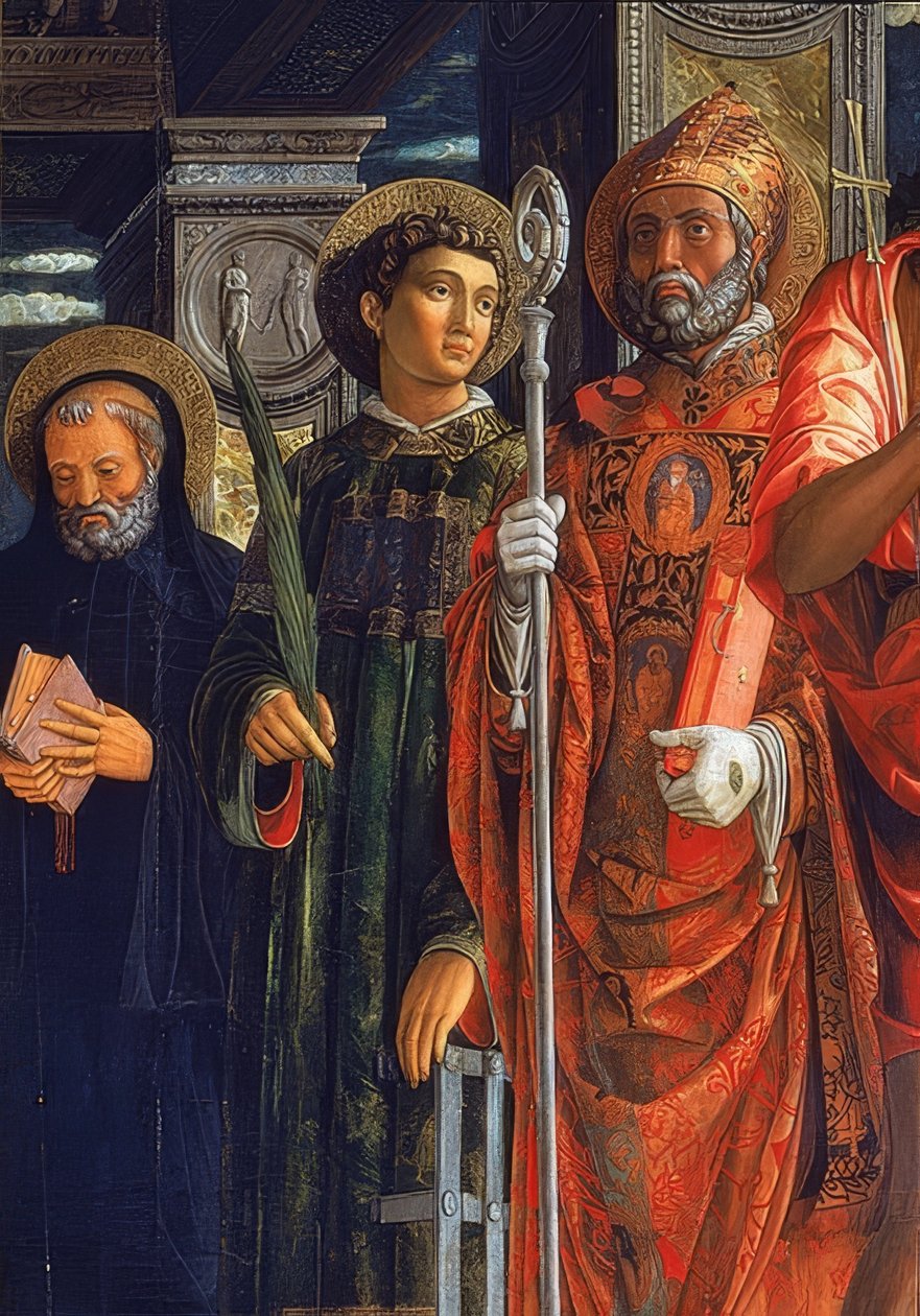 Oltář San Zeno. Detail pravé strany. 1457-1460. Detail ukazuje Augustina z Hrocha, Vavřince Římského a Benedikta z Nursie od Andrea Mantegna