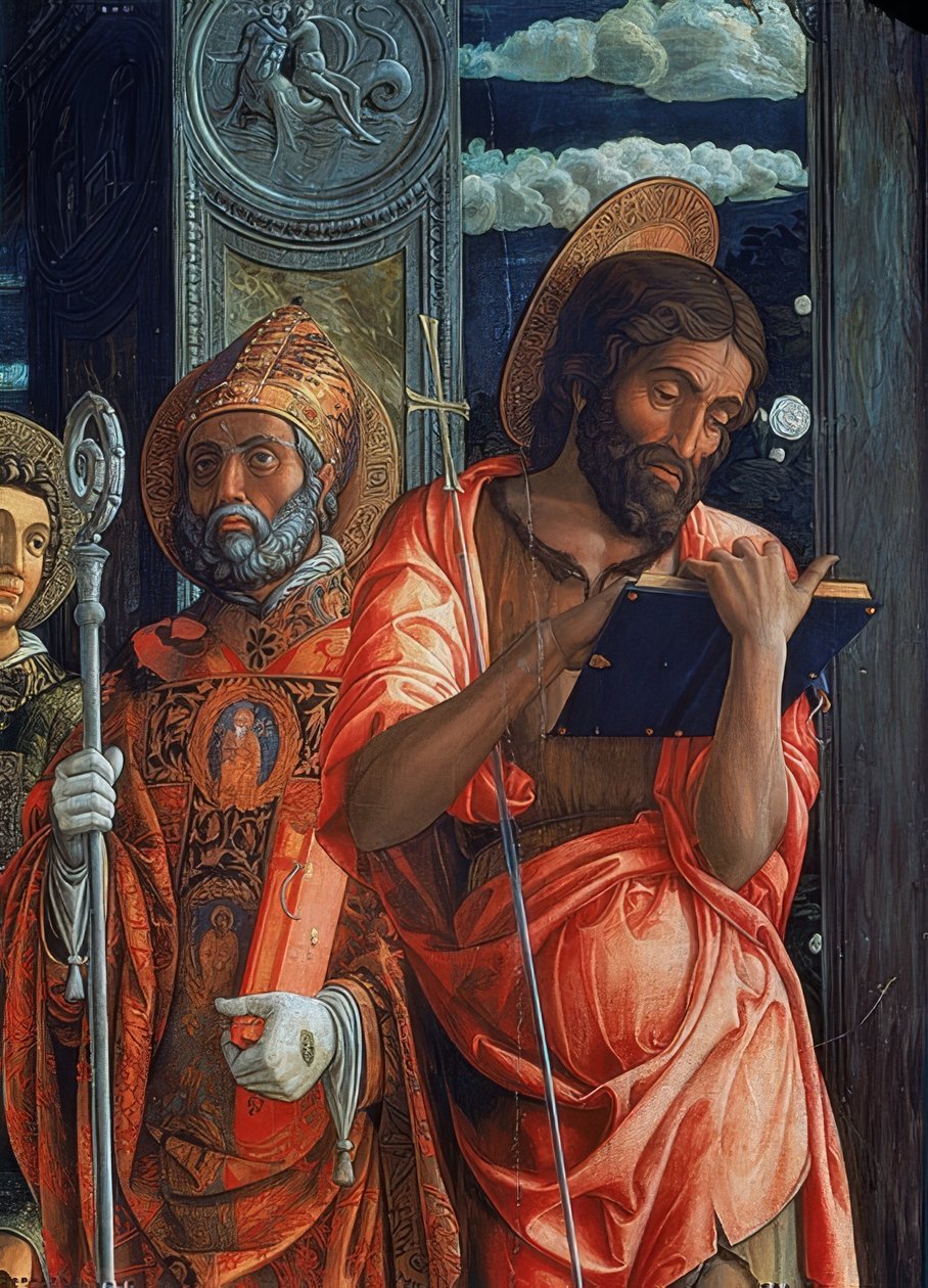 Oltář San Zeno. Detail pravé strany. 1457-1460. Detail ukazuje Jana Křtitele a Augustina z Hrocha od Andrea Mantegna