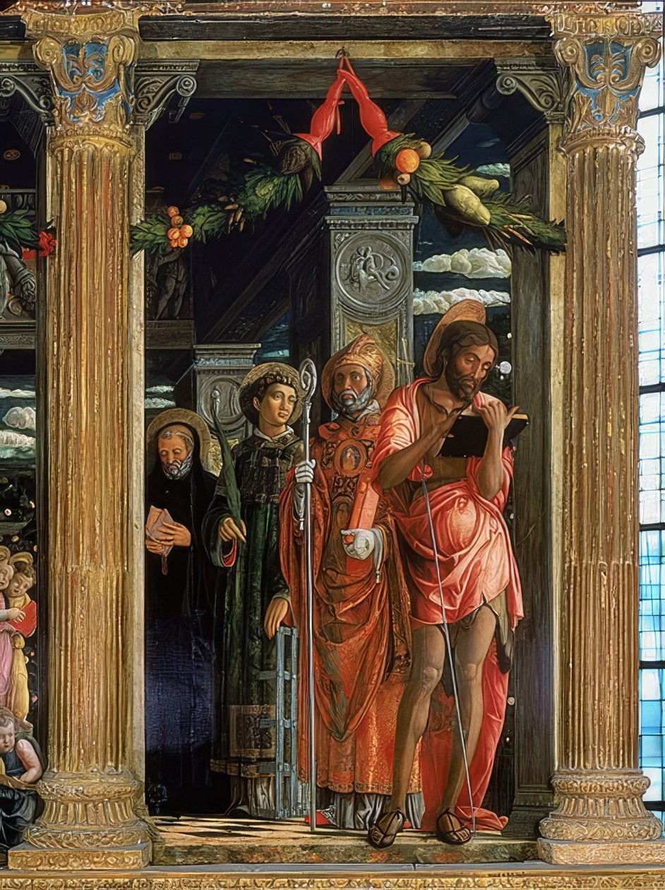 Oltář San Zeno. Pravá strana. 1457-1460. Detail ukazuje Jana Křtitele, Vavřince Římského, Augustina z Hrocha a Benedikta z Nursie od Andrea Mantegna