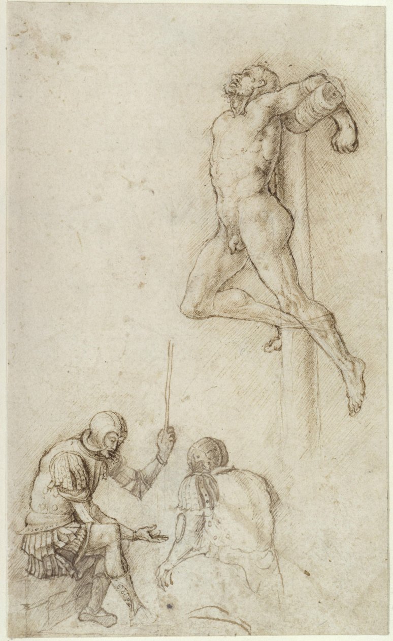 Lotři na kříži, pod nimi dva vojáci hrající v kostky od Andrea Mantegna