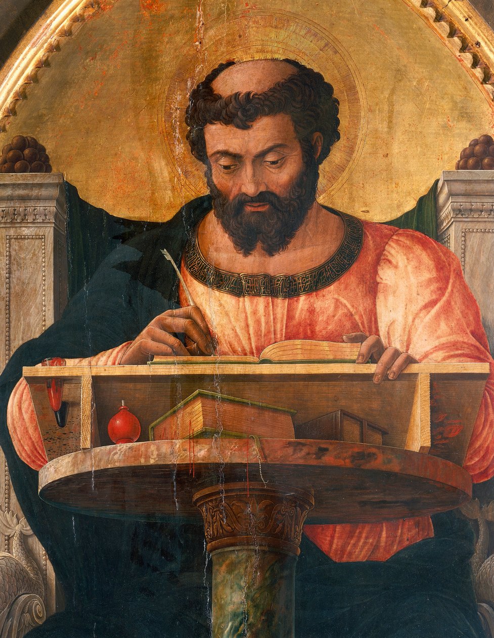 Svatý Lukáš u stolu, detail z oltářního obrazu svatého Lukáše od Andrea Mantegny (1431-1506), tempera na dřevě od Andrea Mantegna