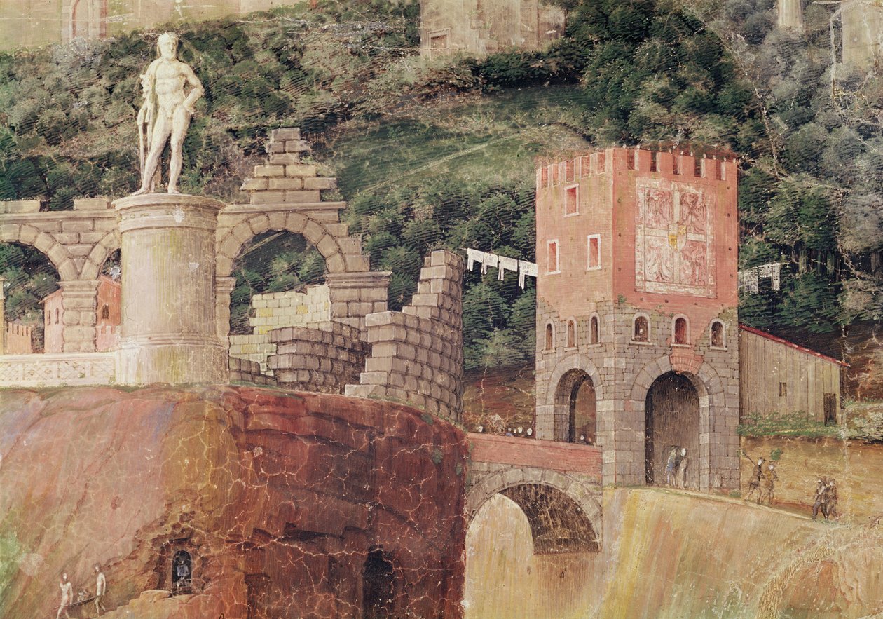 Příjezd kardinála Francesca Gonzagy, detail pozadí zobrazující idealizovaný pohled na Řím, kolem 1465-74 (detail 78457, 78449) od Andrea Mantegna