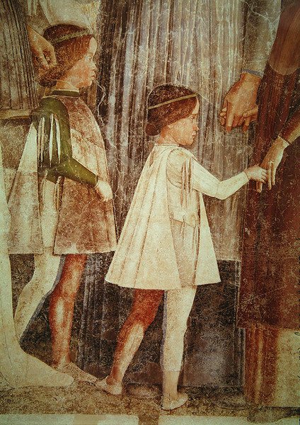 Příjezd kardinála Francesca Gonzagy, vítaného svým otcem markýzem Ludovicem Gonzagou III. a jeho bratry, detail dětí Gonzagových, asi 1465-74 (detail 78454) od Andrea Mantegna