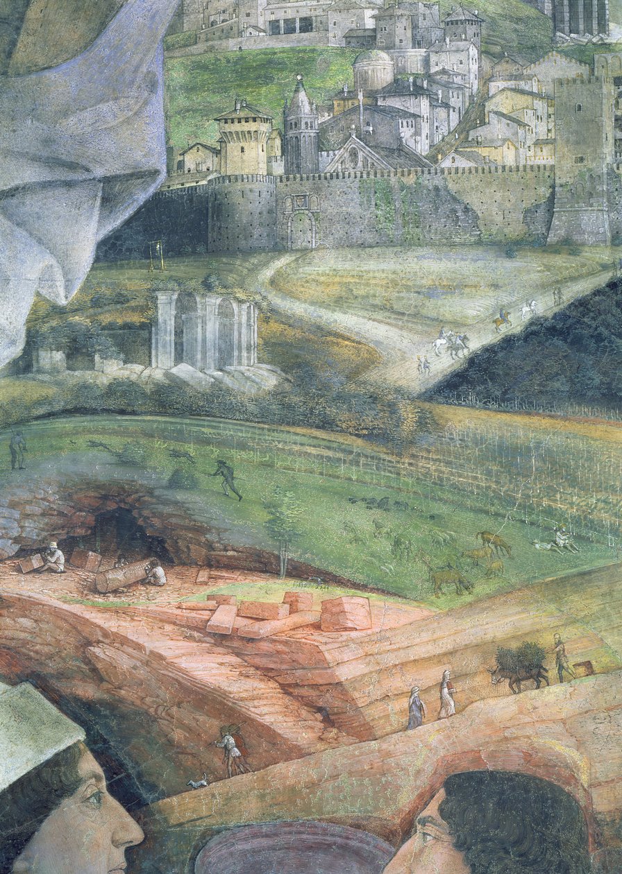 Příjezd kardinála Francesca Gonzagy; práce v mramorovém lomu a idealizovaný pohled na Řím z Camera degli Sposi nebo Camera Picta, 1465-74 detail fresky z 78449 od Andrea Mantegna
