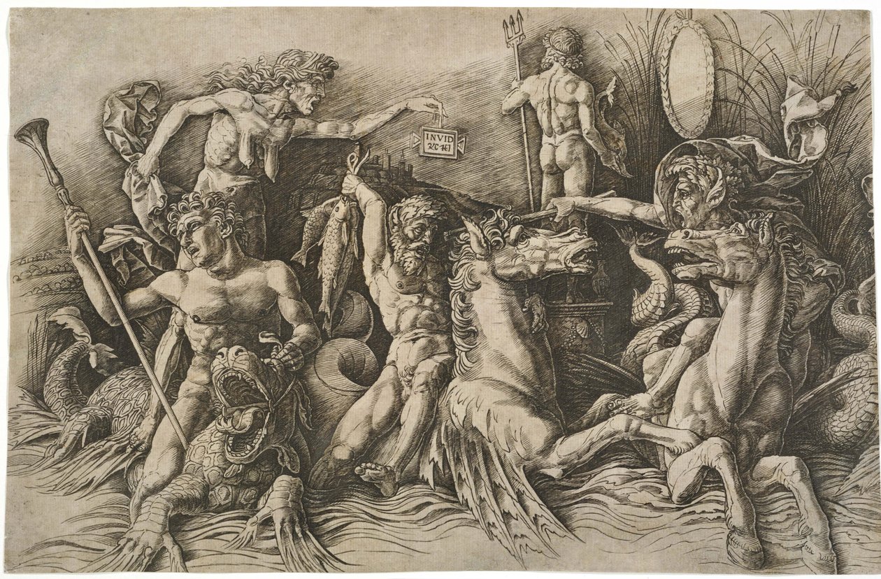 Bitva bohů moře, cca 1475 od Andrea Mantegna