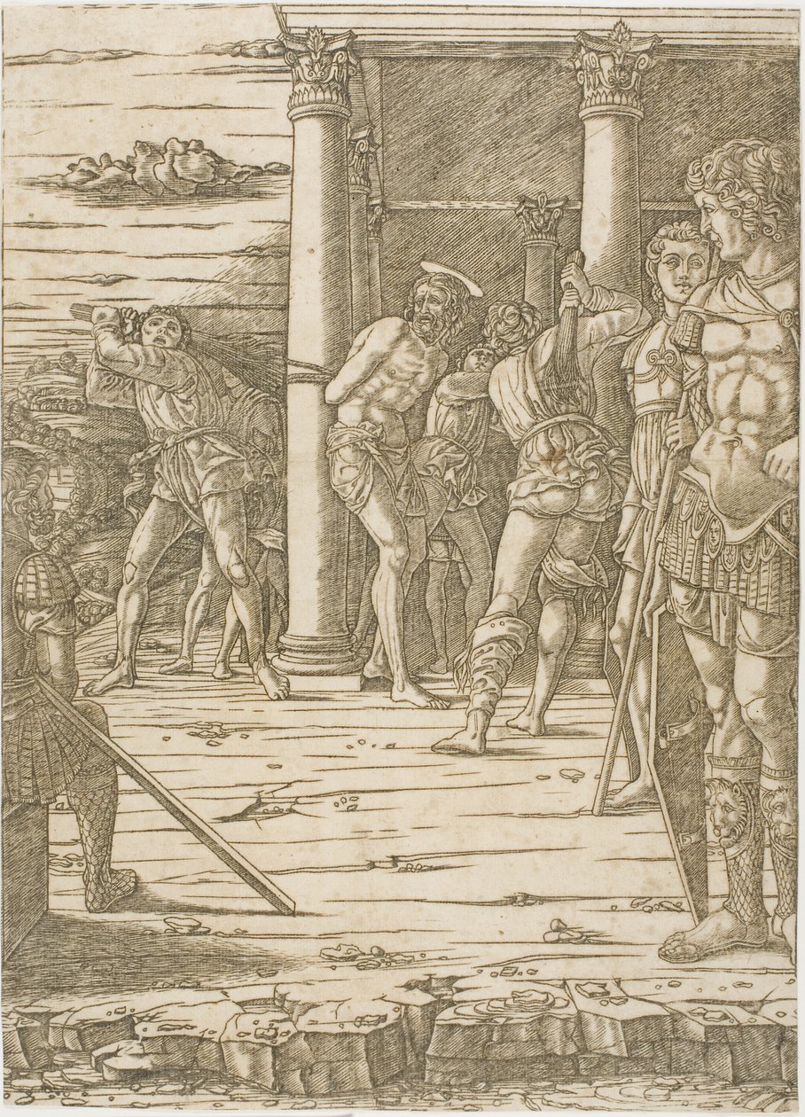 Bičování Krista s pozadím krajiny od Andrea Mantegna