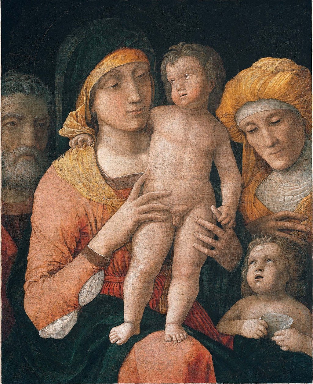 Madona s dítětem se svatým Josefem, Alžbětou a Janem Křtitelem od Andrea Mantegna