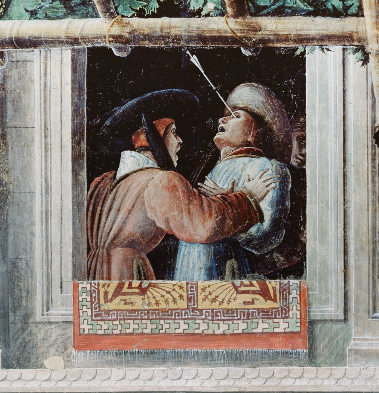 Umučení sv. Kryštofa, detail muže prostřeleného okem šípem, cca 1450-56 od Andrea Mantegna