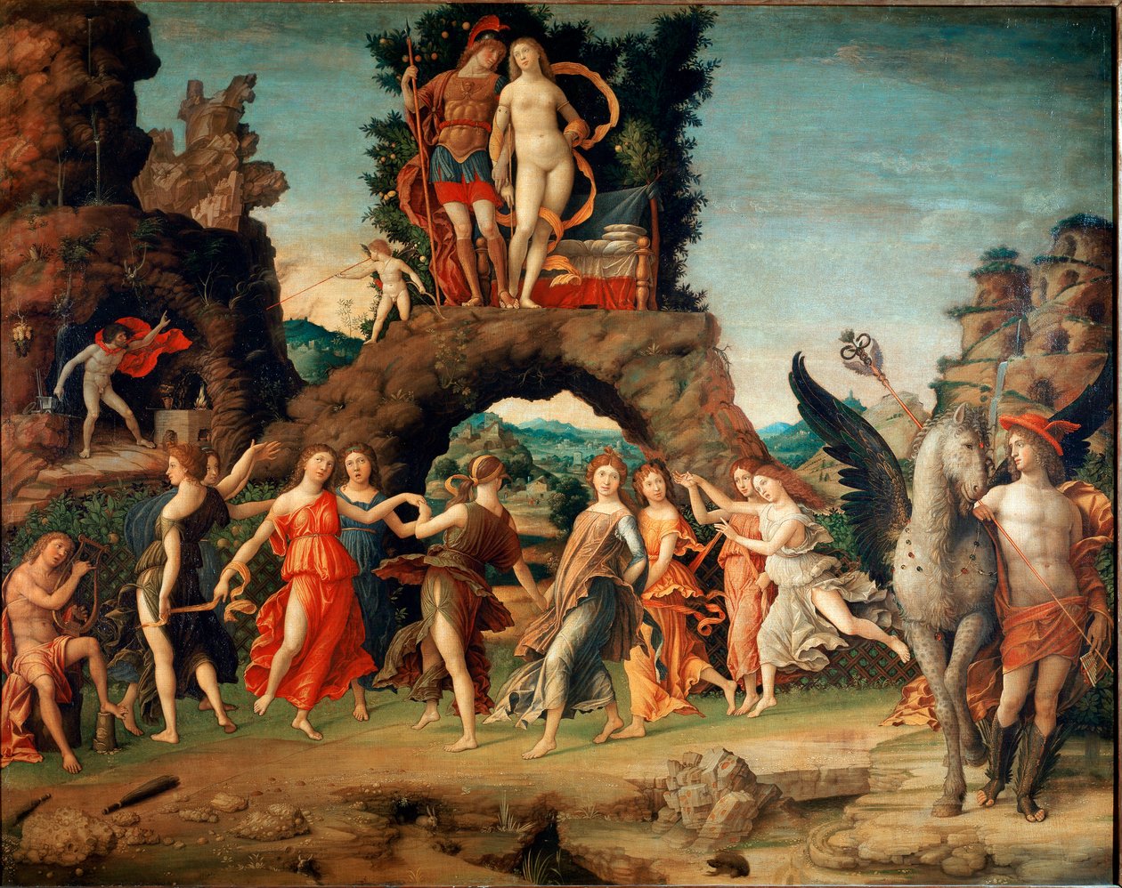 Parnas (Apollo a deváté múzy) (tempera a zlato na plátně od Andrea Mantegna