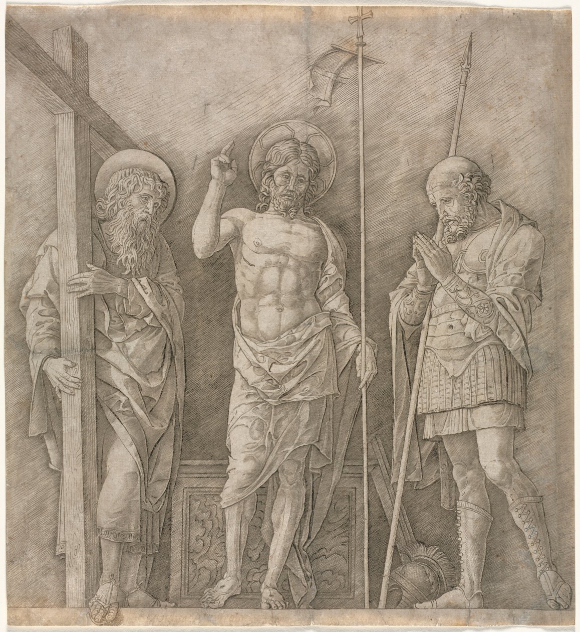 Vzkříšený Kristus mezi svatým Ondřejem a Longinem, počátek 70. let 14. století. od Andrea Mantegna