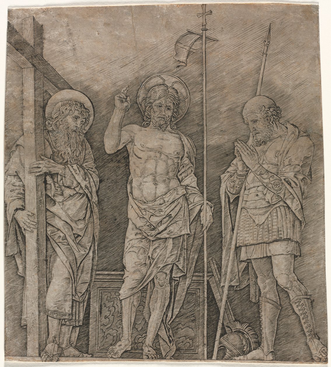 Vzkříšený Kristus mezi svatým Ondřejem a Longinem, počátek 70. let 14. století. od Andrea Mantegna