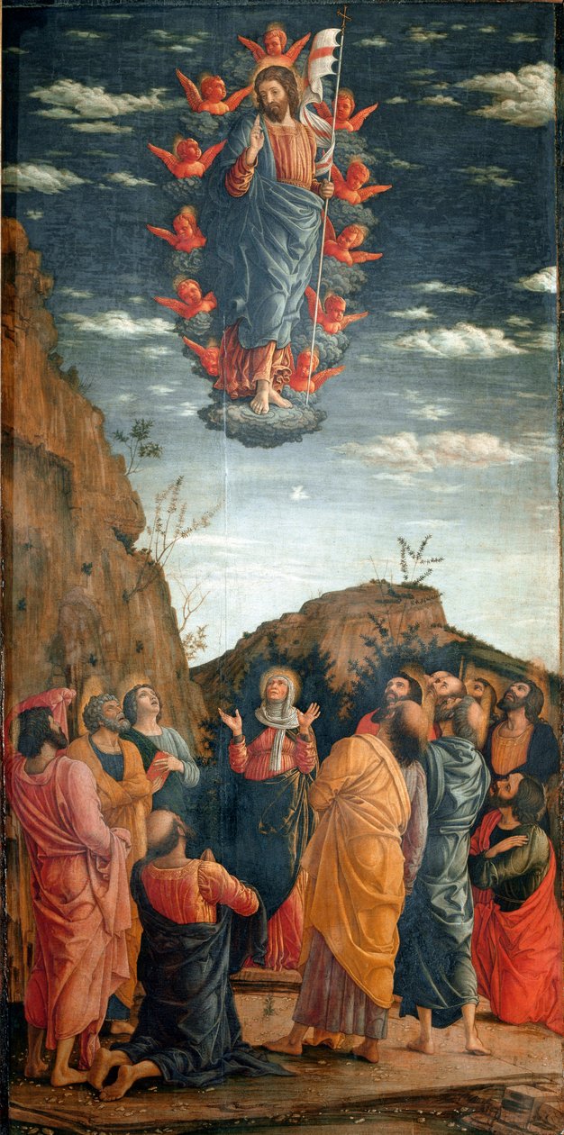 Výstup. Obraz Andrea Mantegna (1431-1506) z roku 1460. 86x42,5 cm. Firenze, Galleria degli Uffizi. - Nanebevstoupení Krista, Andrea Mantegna (1431-1506). Tempera na dřevě, 86x42,5 cm od Andrea Mantegna