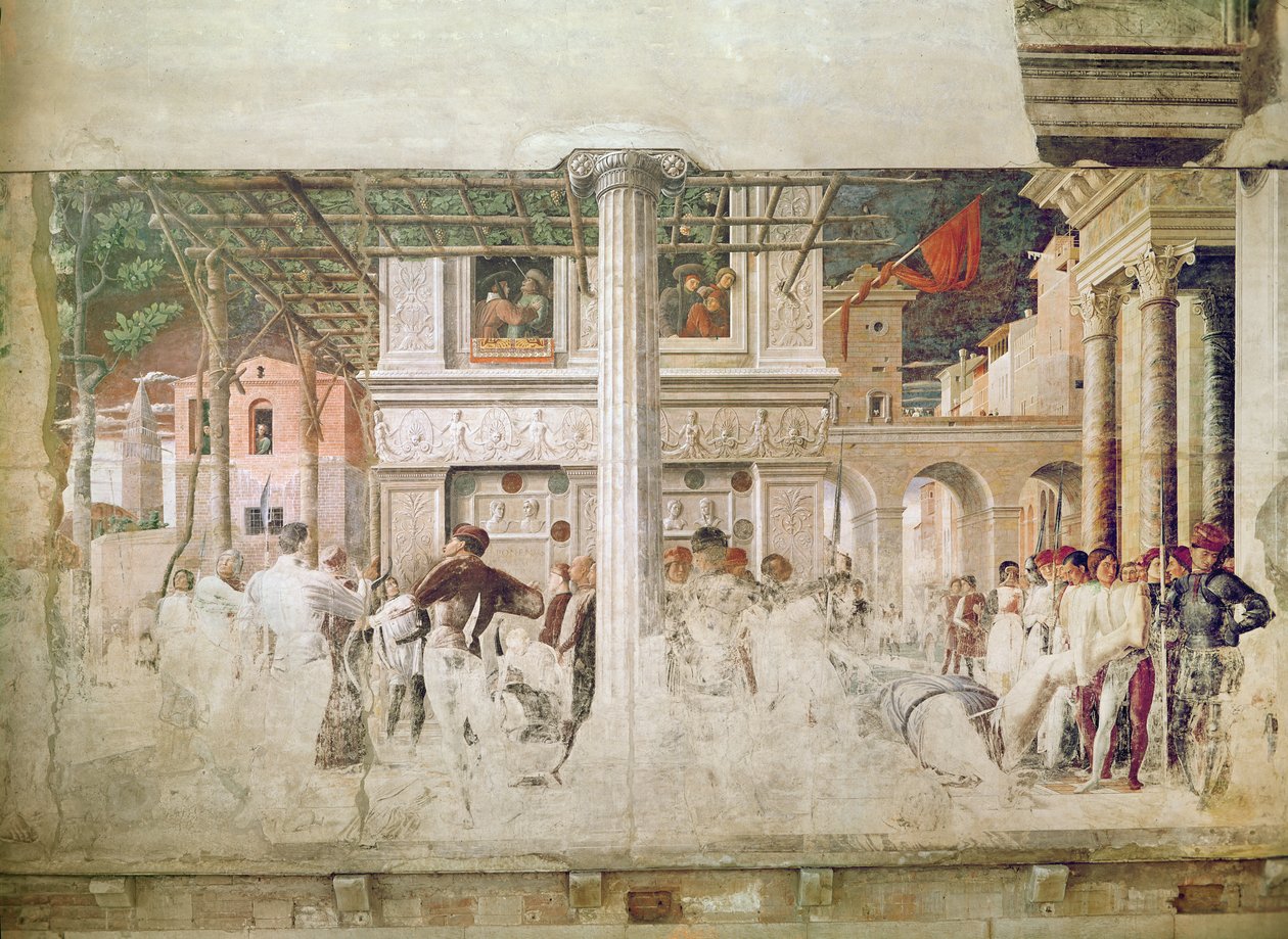 Umučení svatého Kryštofa a pohyb jeho těla (před restaurováním), kolem 1450-56 od Andrea Mantegna