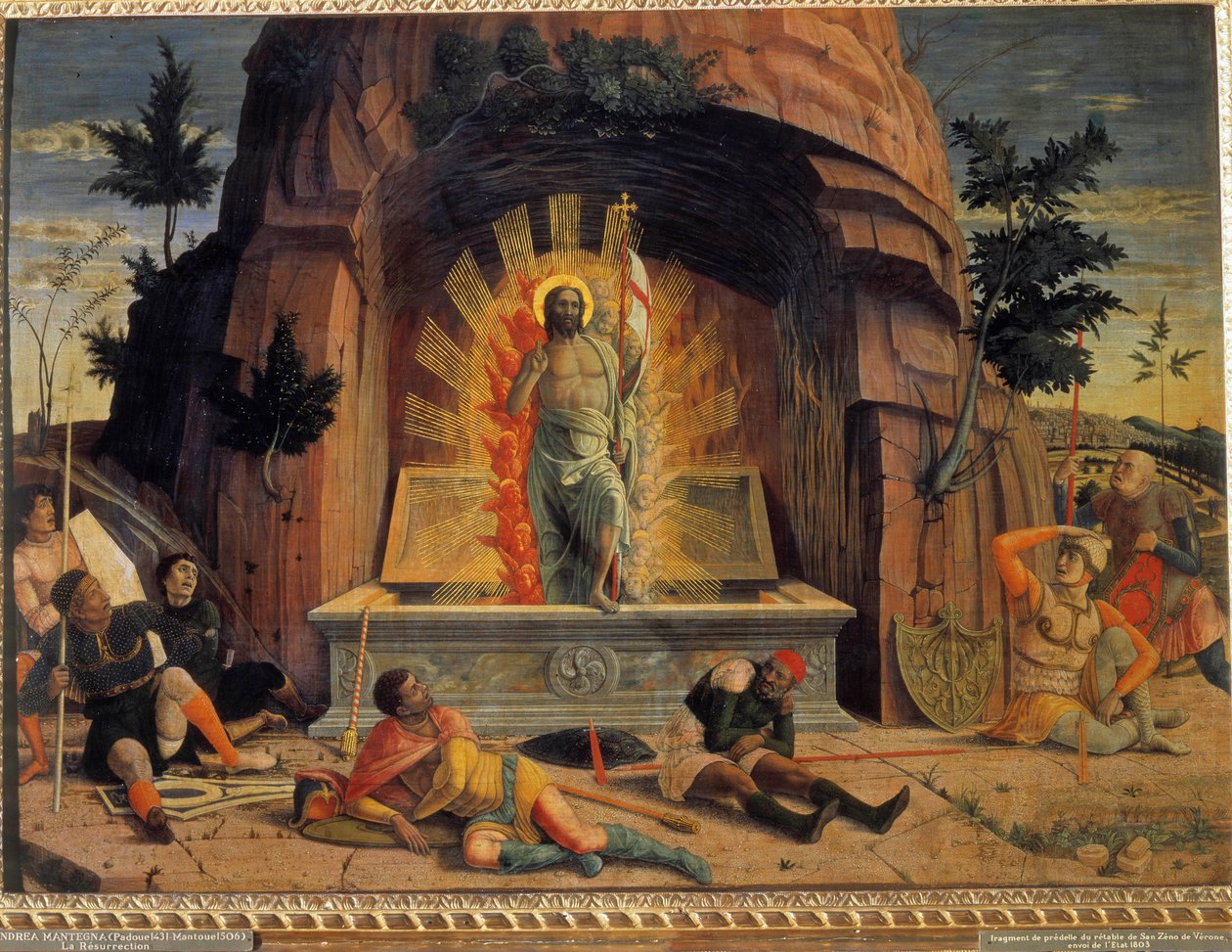 Vzkříšení Fragment predely oltářního obrazu kostela San Zeno ve Veroně od Andrea Mantegny (1431-1506). 1457. Rozměr 0,71 x 0,94 m. Prohlídky muzea výtvarných umění od Andrea Mantegna