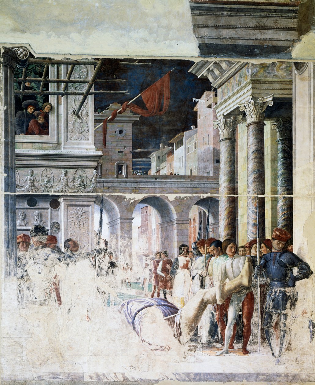 Převoz sťatého těla svatého Kryštofa, detail z Mučednictví svatého Kryštofa od Andrea Mantegna