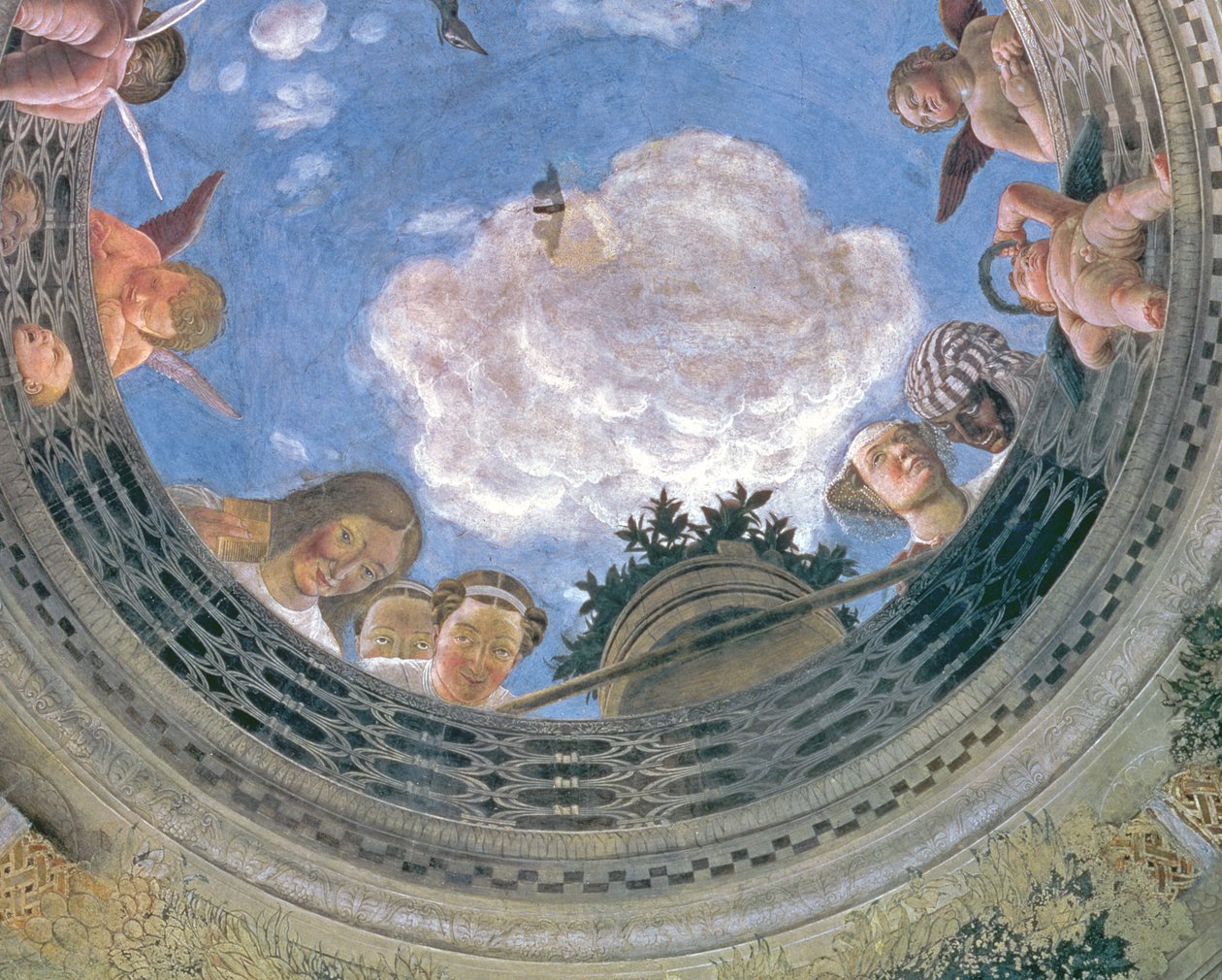 Trompe loeil okulus uprostřed klenutého stropu Camera degli Sposi nebo Camera Picta, 1465-74 detail fresky 72245 od Andrea Mantegna