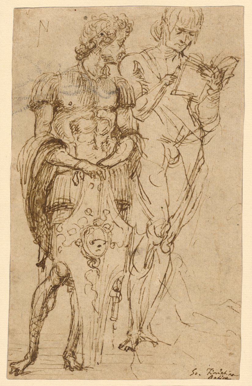 Dvě stojící mužské postavy (recto); ležící muž a další studie (verso) od Andrea Mantegna