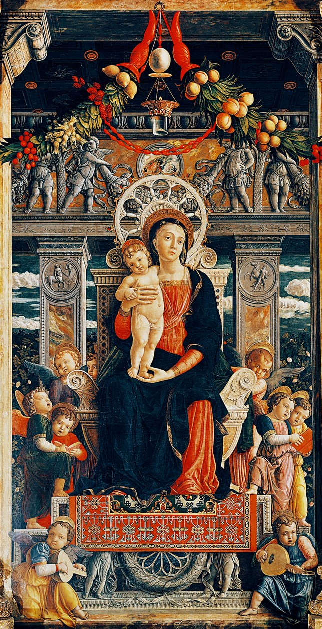 Panna trůnící, detail ze střední části San Zeno Oltář od Andrea Mantegna (1431-1506), dřevo, 220x115 cm, Bazilika San Zeno, Verona od Andrea Mantegna