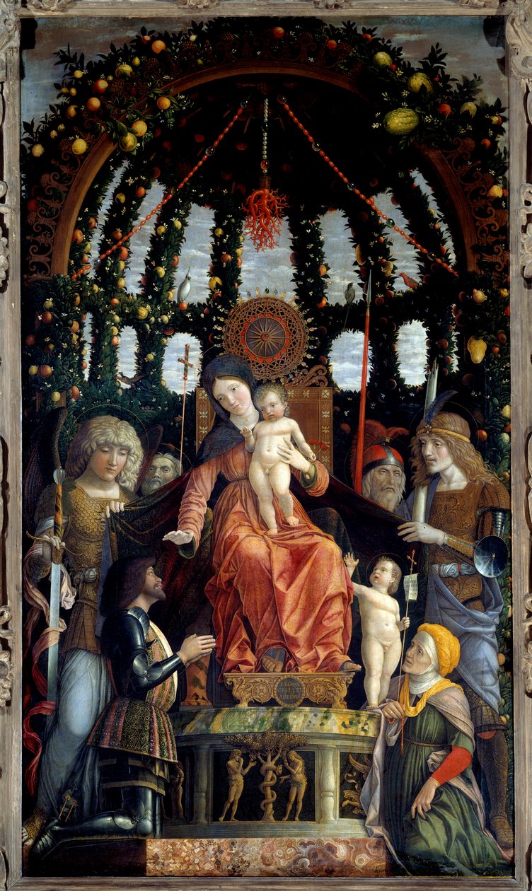 Virgin of Victory (Madonna of Victory). Panna Maria je zastoupena: svatý Michael, svatý Jiří, svatý Longin a svatý Ondřej. Patron obrazu, markýz z Mantovy, Francois II de Gonzague (Francis II Gonzaga) od Andrea Mantegna