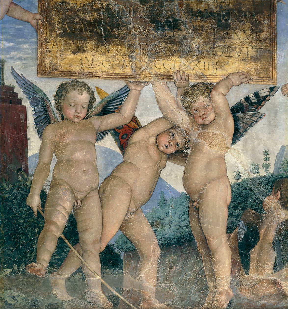Okřídlení cherubové drží zasvěcovací desku, detail ze Zdi setkání od Andrea Mantegna
