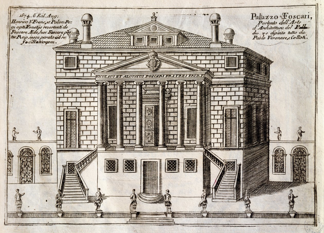 Hlavní průčelí Villa Foscari známé jako La Malcontenta, Mira, navržené Andrea Palladio (1508-1580), rytina z podél kanálu Brenta, téměř městské části Benátky, Vincenzo Coronelli (1650-1718), Benátky od Andrea Palladio