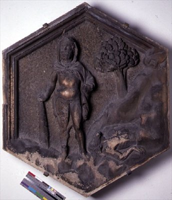 Kain a Ábel, šestihranná dekorativní reliéfní dlaždice ze série ilustrující epizody z knihy Genesis, pravděpodobně podle Giottových návrhů (asi 1266-1337), asi 1334-48 (mramor). od Andrea Pisano