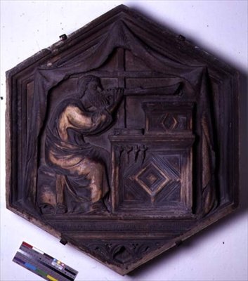 Hudba, šestihranná dekorativní reliéfní dlaždice ze série zobrazující Sedm svobodných umění, možná podle návrhů Giotta (asi 1266-1337) asi 1334-48 (mramor) od Andrea Pisano