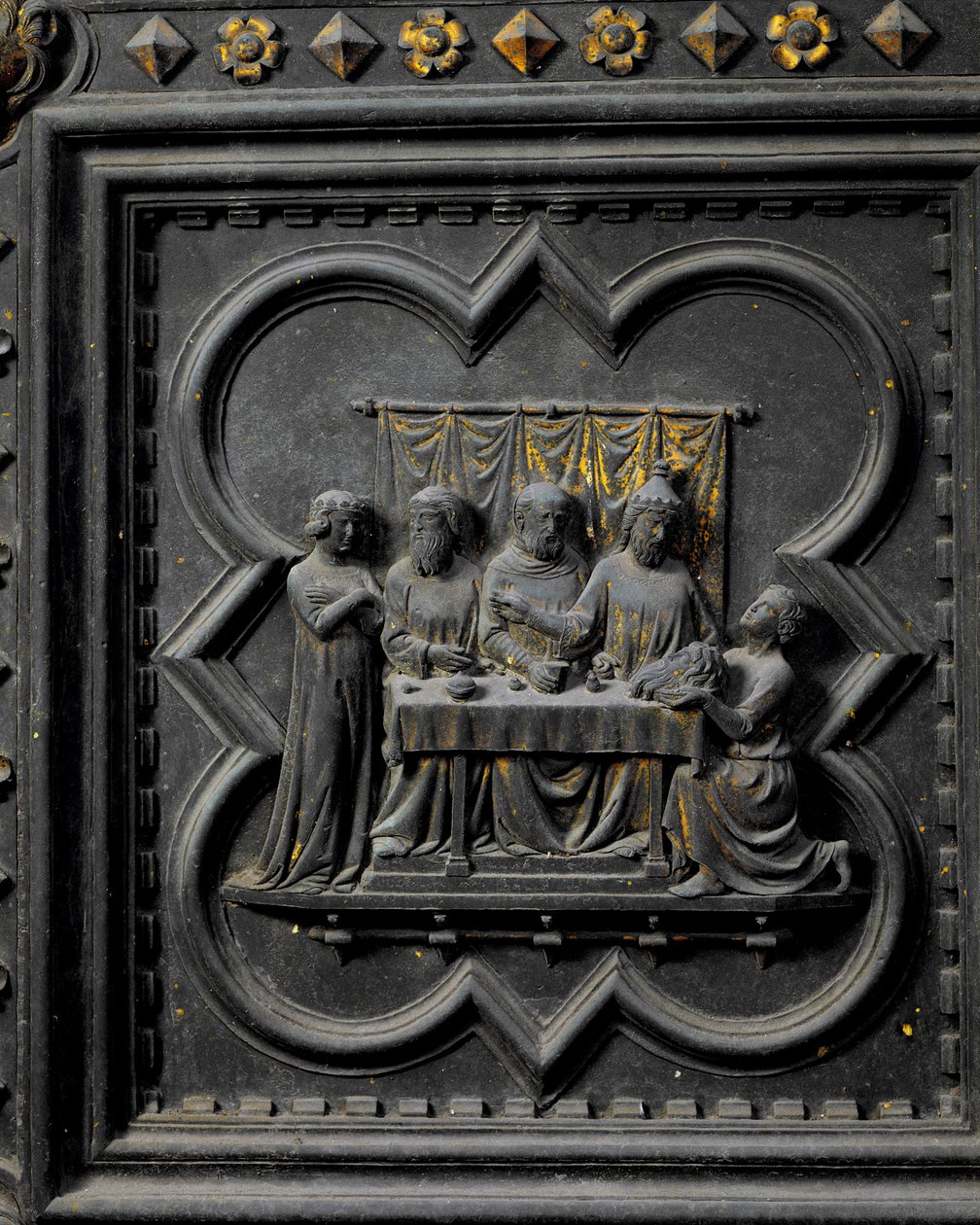 Prezentace hlavy svatého Jana Křtitele králi Herodovi (21 př. n. l. – 39 n. l.), sedmnáctý panel jižních dveří baptisteria v San Giovanni, 1336 (bronz) od Andrea Pisano