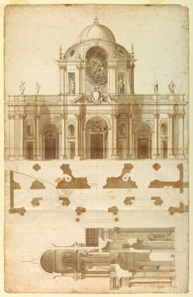 Navrhovaná výška, řez a plán fasády San Giovanni, Laterano, Řím, Itálie od Andrea Pozzo
