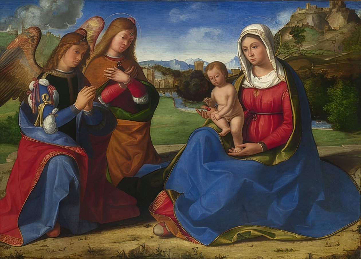 Madonna a dítě zbožňované dvěma anděly. Kolem roku 1505 od Andrea Previtali