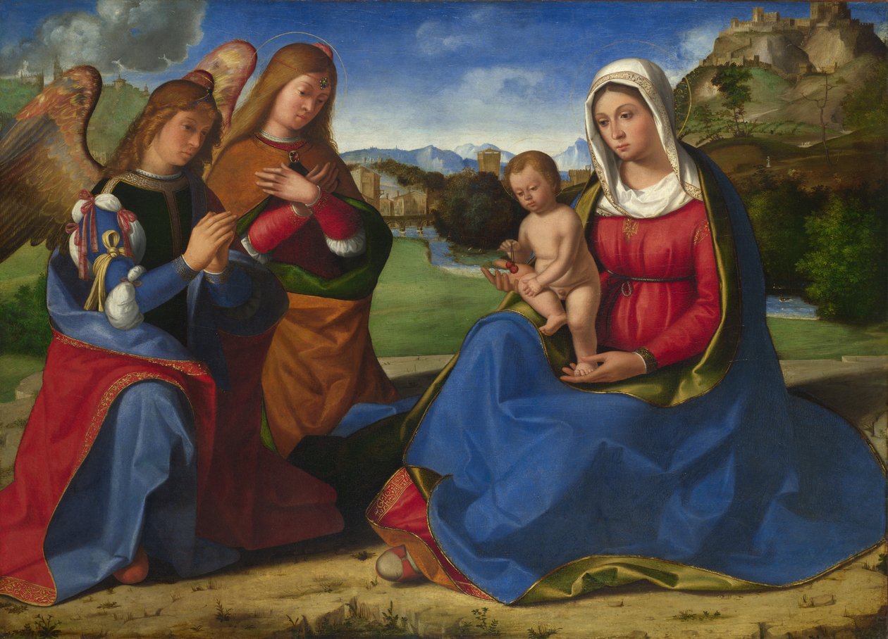 Panna a dítě uctívané dvěma anděly, c. 1505 od Andrea Previtali